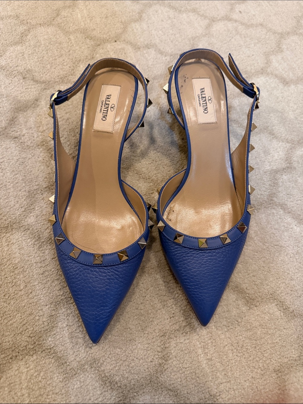 Valentino Blue Leather Rockstud Pointed Slingback Pumps